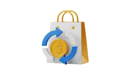 3D Shopping Bag with Money Coin and Circular Arrows