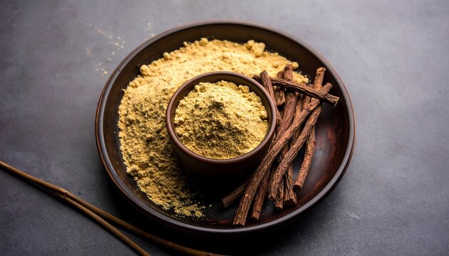 Ayurvedic Mulethi or Licorice root powder and sticks arranged in a rustic brown bowl on a dark, textured background.