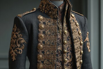 Ornate historic naval commander coat features detailed gold trim and buttons, showcasing luxurious design and high-quality craftsmanship