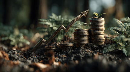 Financial growth concept with coins, plants, and an upward trending arrow