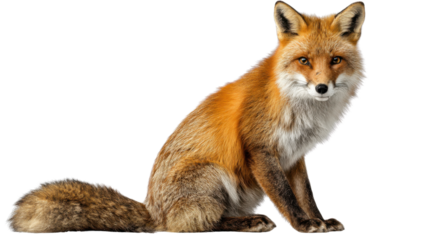 Red fox sitting, looking forward with natural posture, orange fur, fluffy tail, transparent background