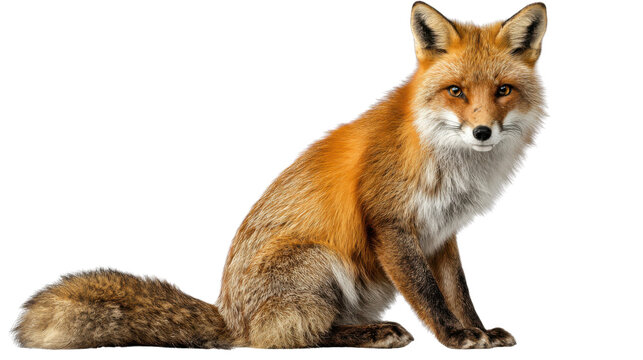 Red fox sitting, looking forward with natural posture, orange fur, fluffy tail, transparent background