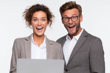 Happy woman and man team present modern laptop isolated on white background in studio, wearing collared shirts and smiling