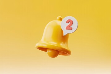 3D Yellow Bell Icon with Two Notifications Badge for Mobile App Interface