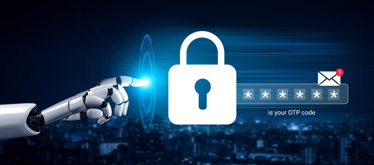 A digital representation of a robot hand pointing at a padlock icon, symbolizing online security and the importance of password verification in protecting personal data. Gantry