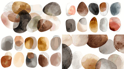 Organic watercolor stone shapes with soft transparency and natural tones, abstract pebble illustrations isolated on white background for modern decor branding and artistic design use