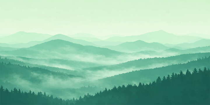 A serene mountain landscape with a misty forest lake reflects a golden sunrise sky over snow-capped hills and a deep valley at morning
