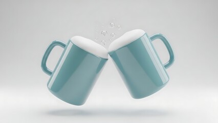 Modern 3D render of two teal blue mugs clinking with white foam and bubbles