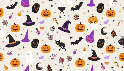 Whimsical Halloween Pattern with Pumpkins, Bats, and Witch Hats