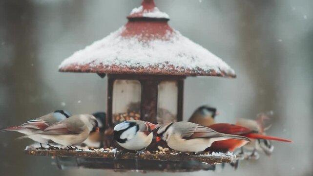 Red cardinal chickadees snow-covered pagoda bird feeder winter wildlife feeding station nature scene