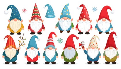 Adorable Cartoon Gnomes with Colorful Hats and Beards.