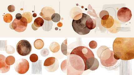 Abstract watercolor circle composition with layered transparent shapes in warm earthy tones. Modern artistic background suitable for branding posters and creative design layouts.