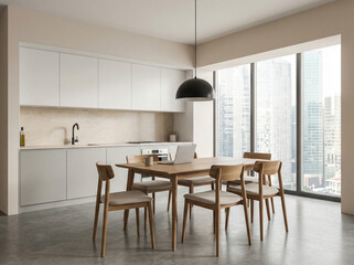 Contemporary kitchen and dining area with wooden table, chairs, and laptop, minimal design style, cityscape seen through windows, interior design concept. 3D Rendering 