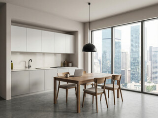 Contemporary kitchen and dining area with wooden table, chairs, and laptop, minimal design style, cityscape seen through windows, interior design concept. 3D Rendering 