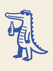 Crocodile holding bottle naive doodle vector illustration
