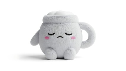 Adorable Fluffy White 3D Mug Character with a Sleepy Face Expression and Pink Cheeks