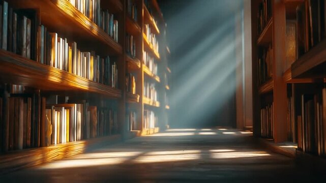 Wooden bookshelves golden sunlight beams dramatic library interior reading atmosphere knowledge hall