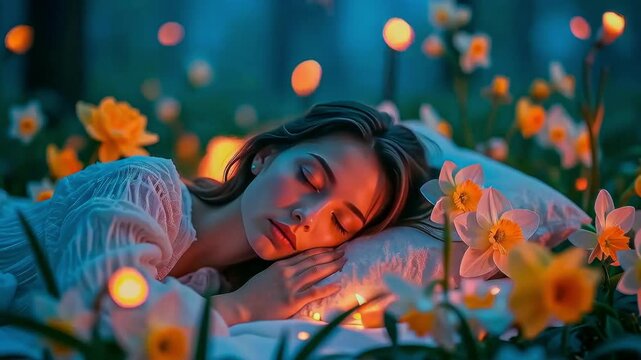 Young girl sleeping sweetly in a fairytale forest, dream, nature and innocence, beauty and tranquility