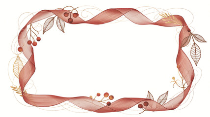 Elegant floral border with red ribbon and golden leaves on white background