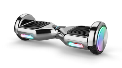 Modern silver hoverboard with colorful lights on white background