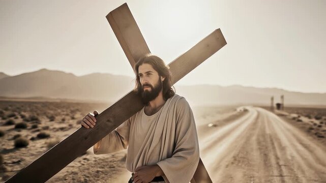 The martyr Christ carries a heavy cross along the deserted road to Golgotha.