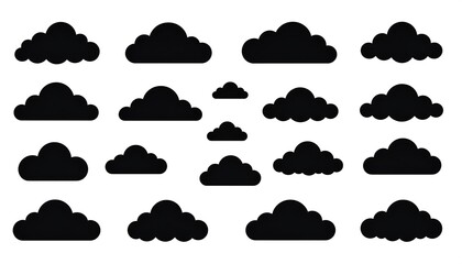 Collection of Black Cloud Silhouettes on White Background, Various Shapes and Sizes