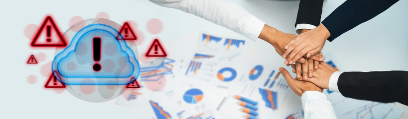 Red alert triangles over a blue cloud icon, symbolizing cloud security threats, system warnings,...