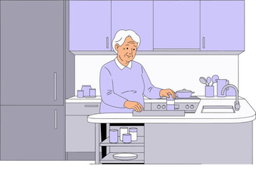 An elderly woman prepares a meal in her modern kitchen. She?s smiling and focused, enjoying a simple, comfortable daily activity. Warm, inviting scene.