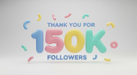 Playful 150K followers thank you milestone design with soft pastel typography and confetti elements, celebrating social media growth, community support, and achievement.