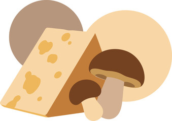 A stylized illustration showcases earthy cheese and mushrooms, evoking natural flavors. Clean, modern design with a soft color palette. Perfect for food, wellness, or lifestyle branding.