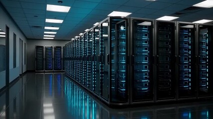 Modern data center with rows of server racks and blue lights - Powered by Adobe