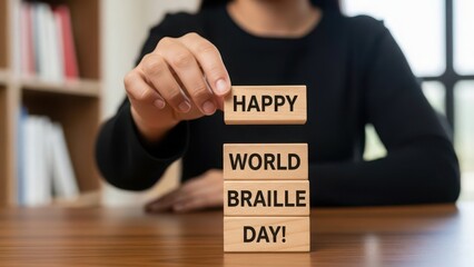 Person stacking blocks to celebrate happy world braille day