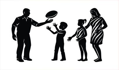 Silhouette of a family playing rugby ball outdoors, father tossing ball to son and daughter