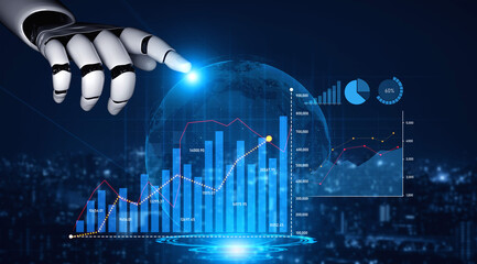 A robotic hand interacts with vivid data visualization featuring charts and graphs, symbolizing the importance of technology in modern business analysis and decision-making. Scalp