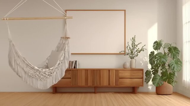 A cozy, minimalist living space with a hammock, wooden cabinet, and framed art on a wall