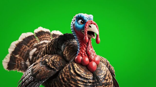 Close-up of a live domestic turkey with colorful red wattle and blue head feathers, looking directly ahead against a solid green screen background, perfect for Thanksgiving holiday promotions