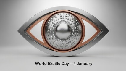 A close-up of a metallic eye with braille on World Braille Day