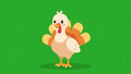 Cute animated cartoon turkey walking happily on a vibrant green background with a cheerful expression and colorful tail feathers, ideal for Thanksgiving greetings, educational content, or children's.
