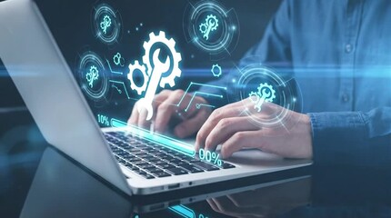 IT Professional's Hands Typing on Laptop with Holographic Digital Interface for Software Development, System Optimization, and Innovation.