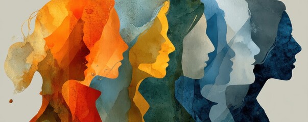Watercolor silhouettes of diverse people in warm to cool tones forming a group portrait
