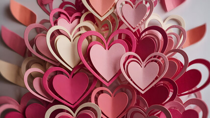 Colorful paper hearts arranged in a layered pattern on a birthday card pink beige