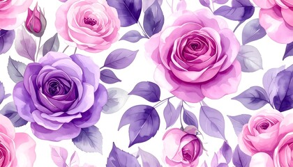 Watercolor Roses Pattern: Delicate Pink and Purple Blooms with Lush Green Leaves