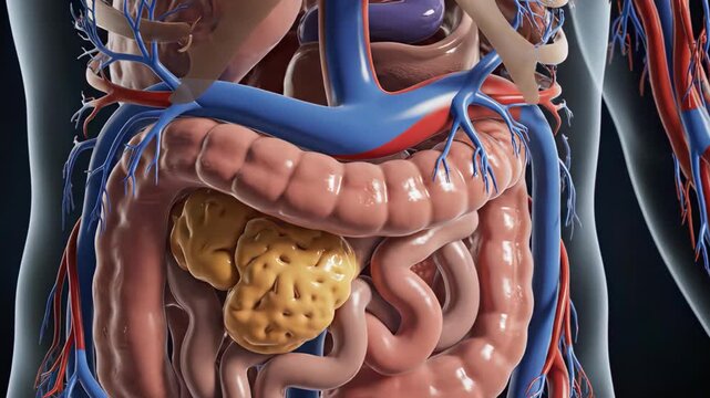 3D Render of Human Digestive System with Intestines, Pancreas, and Blood Vessels