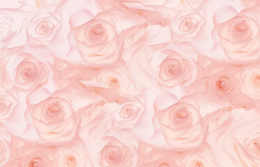 A classic floral wallpaper design featuring white and dusty pink roses with grey leaves set against a textured light grey background.