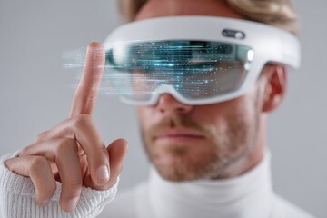 Man in white turtleneck uses futuristic virtual reality headset with fingertip gesture