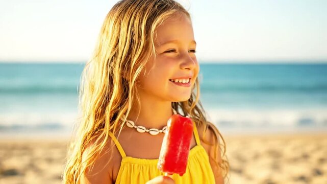 Happy young girl enjoying a red popsicle on a sunny beach vacation
