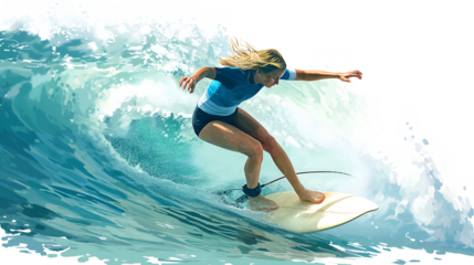 Dynamic digital illustration capturing a skilled female surfer expertly riding inside a large, barreling ocean wave with vivid light effects