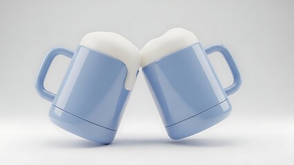 Modern 3D render of two light blue minimalist mugs clinking with overflow of white foam