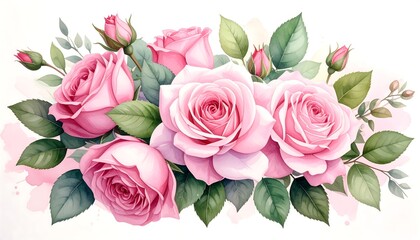 Watercolor Pink Roses Bouquet with Green Leaves on White