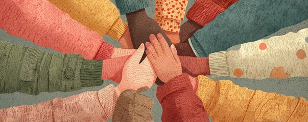 Diverse hands joined in a circle to symbolize unity, teamwork, and collective effort